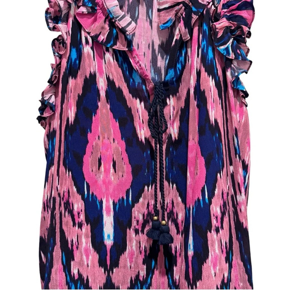 Figue Fabiana Ikat Ruffles Sleeveless Tassel Top Blouse Pink Blue Size L - Picture 8 of 10